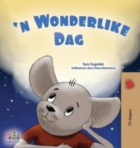 Book cover for 'N Wonderlike Dag' showing a thoughtful gray elephant under a starry night sky with a warm glow above the title.